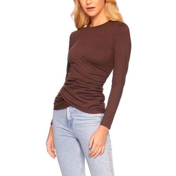 Susana Monaco Long Sleeves Crewneck Faux Wrap Tops Brown NWT Size Small - Picture 2 of 12